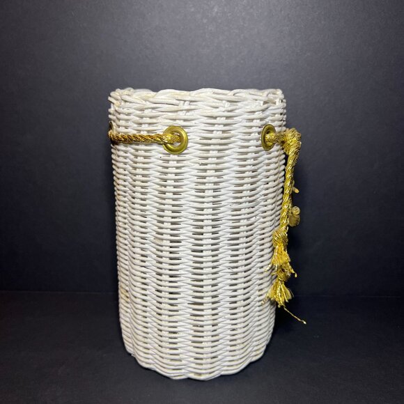 Vintage White & Gold Woven Wicker Nautical Anchor Basket Jar Canister 6.5 x 4" - Picture 5 of 7